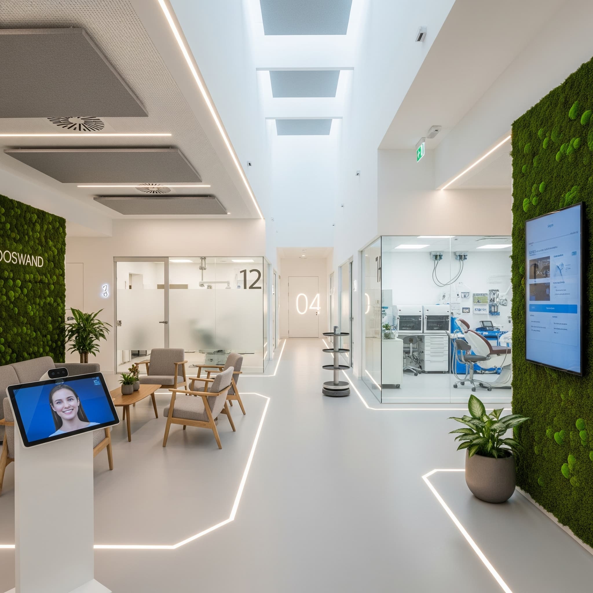 Moderne Zahnarztpraxis mit KI-Empfang und Service-Roboter